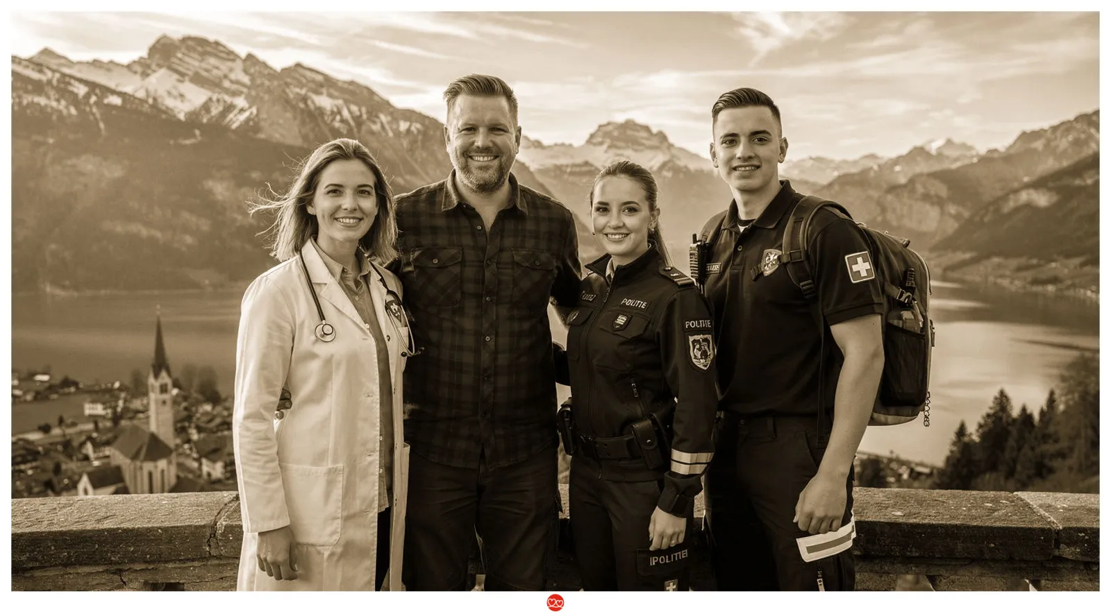 Blaulicht-Singles Regional — Polizei, Feuerwehr, Sanität und Ärzte vor Schweizer Alpenpanorama