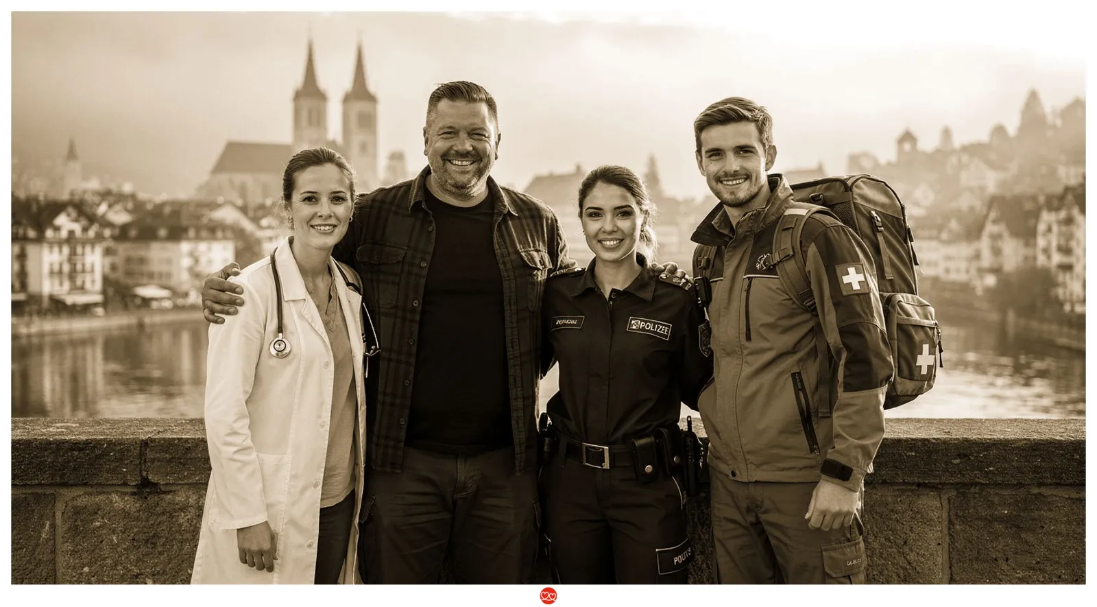 Blaulicht-Singles — Polizei, Feuerwehr, Sanität und Ärzte auf einer Brücke in der Schweiz