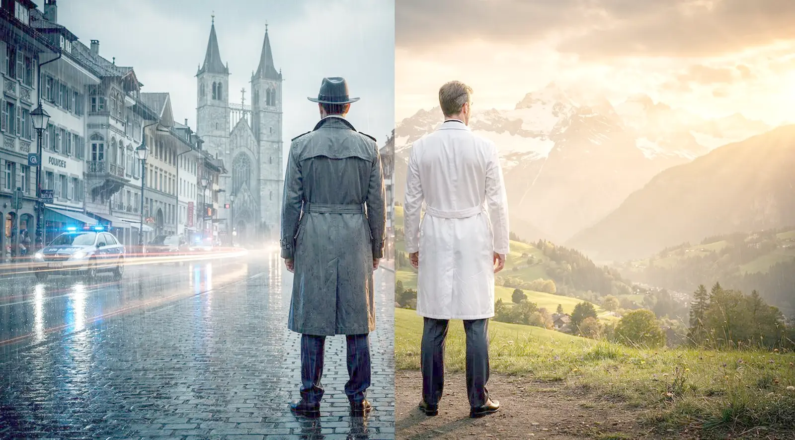 Tatort-Kommissar und Bergdoktor Rücken an Rücken — Zürich bei Regen und Schweizer Alpen im Sonnenlicht