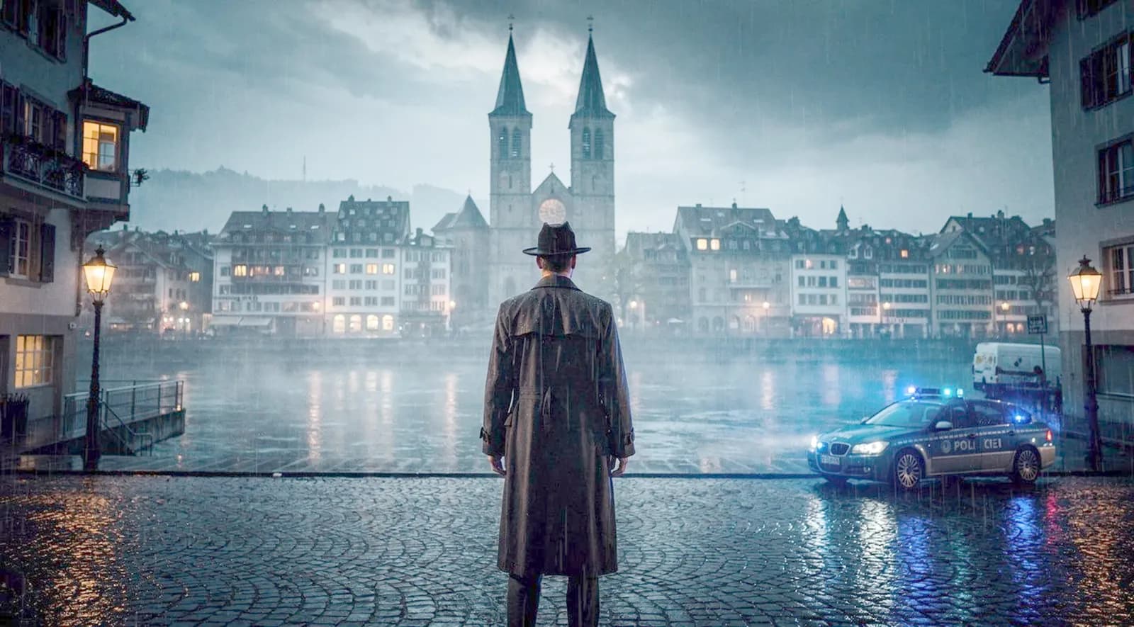 Kommissar im Trenchcoat steht im Regen vor der Zürcher Altstadt mit Grossmünster und Polizeiauto