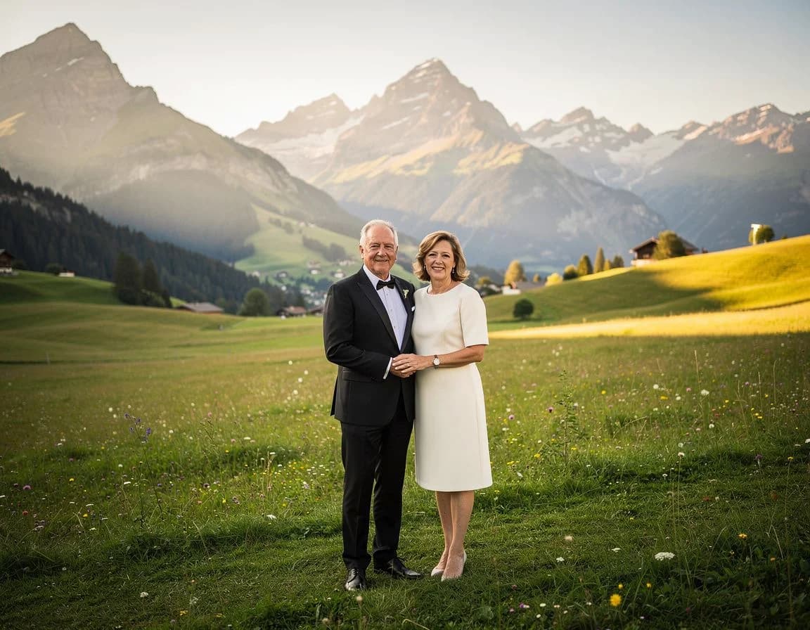 Ernst (65) und Ruth (55) lächelnd vor blauem Himmel — ein Paar mittleren Alters, entspannt und verbunden