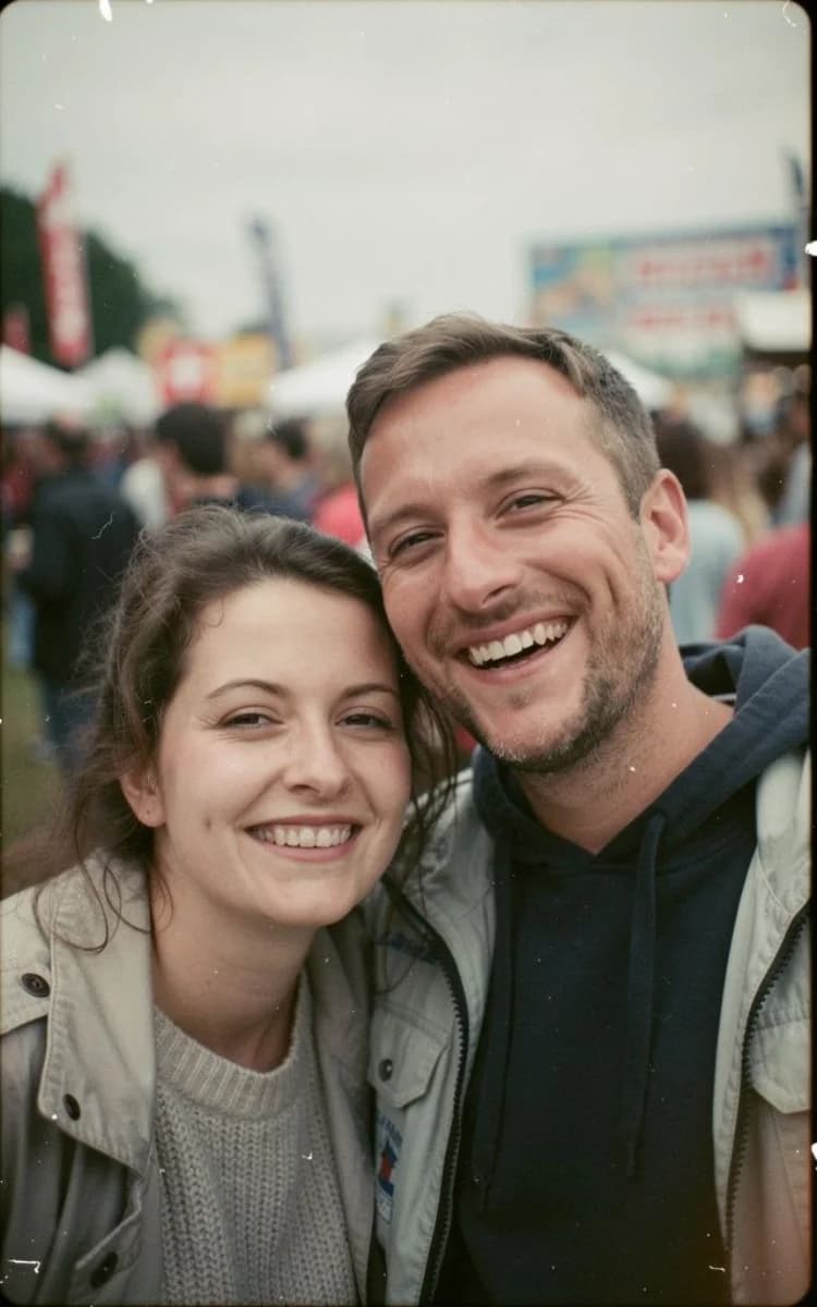 Nina (34) und Joël (36) gemeinsam im Freien — ein junges Paar beim Spaziergang, Katze im Hintergrund
