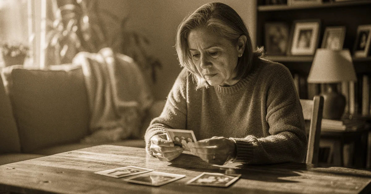 Frau betrachtet alte Familienfotos – Symbolbild für Karin Thalers Familiengeschichte
