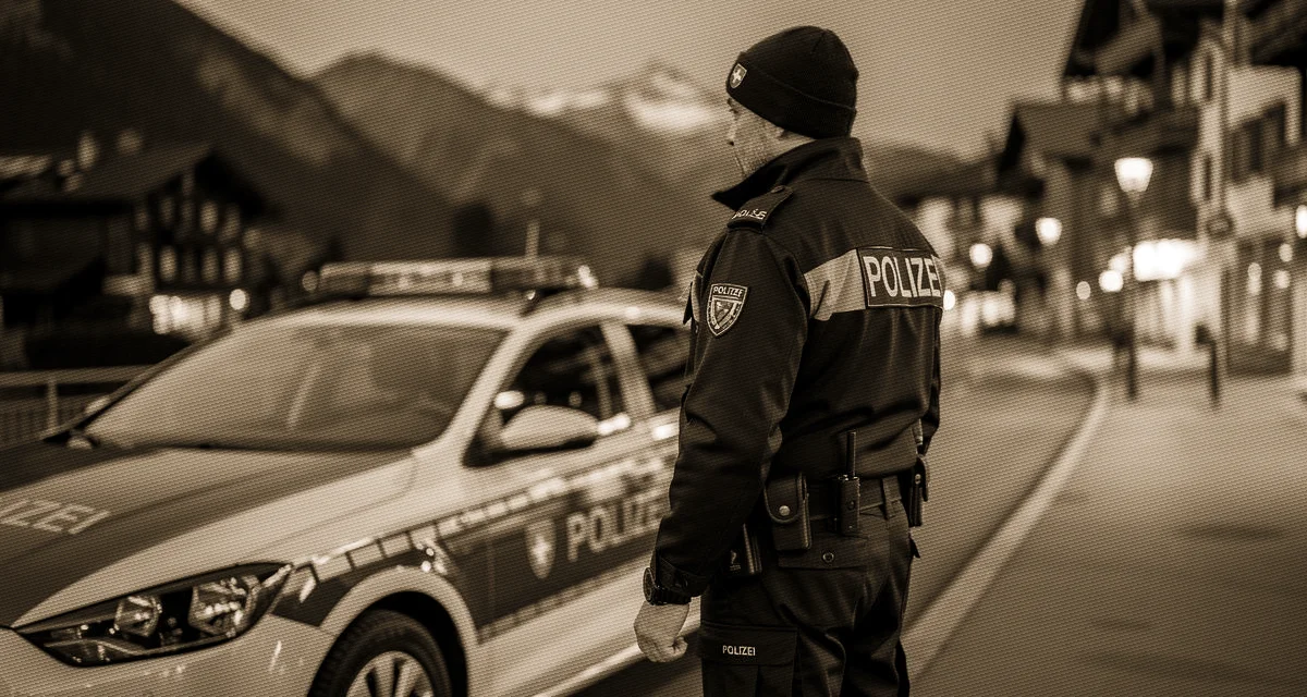 Schweizer Polizistin in Uniform vor einem Polizeifahrzeug bei Abenddämmerung