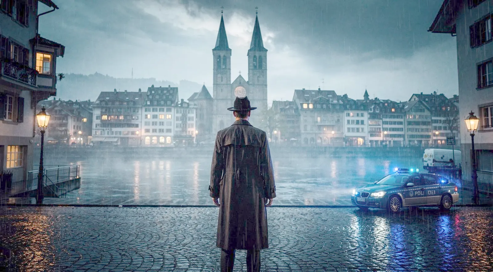 Kommissar im Trenchcoat steht im Regen vor der Zürcher Altstadt mit Grossmünster und Polizeiauto