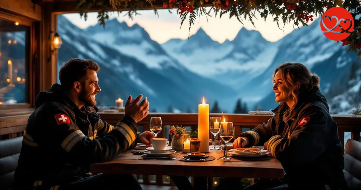 Schweizer Feuerwehrleute beim romantischen Abend in einem Bergrestaurant - Blaulichtsingles