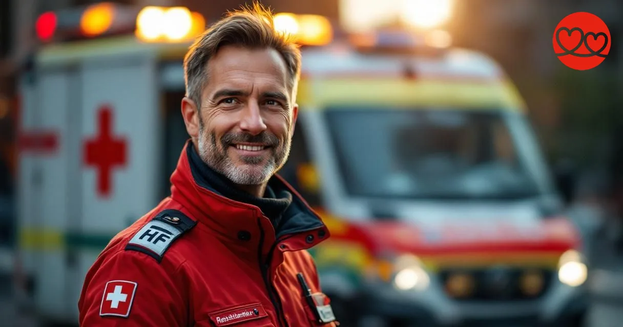 Schweizer Rettungssanitäter vor Krankenwagen mit Schweizer Kreuz