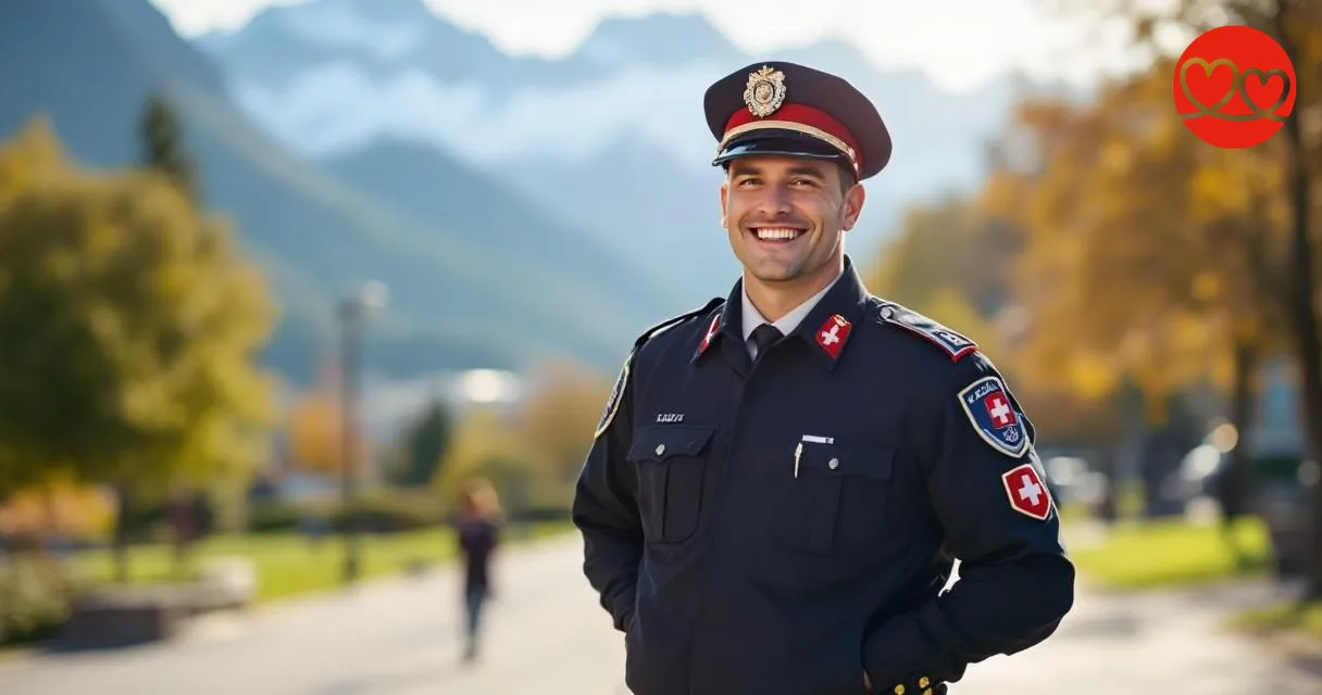 Schweizer Polizist in Freizeit vor Alpenkulisse