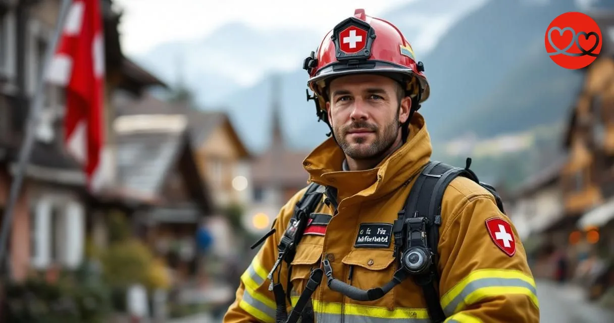 Schweizer Milizfeuerwehrfrau im Dorf mit Schweizer Flagge