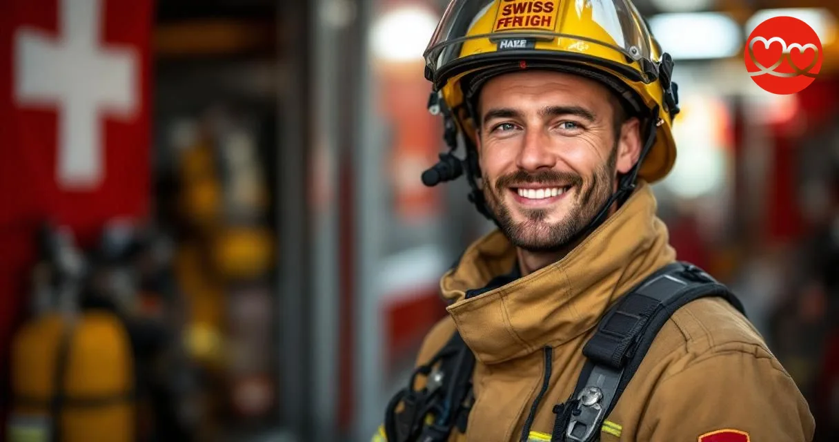 Schweizer Feuerwehrmann in Schutzausrüstung vor Feuerwehrhaus