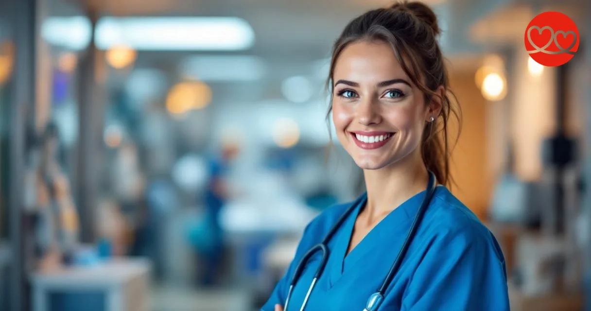 Schweizer Pflegekraft mit einfühlsamem Ausdruck im modernen Spital