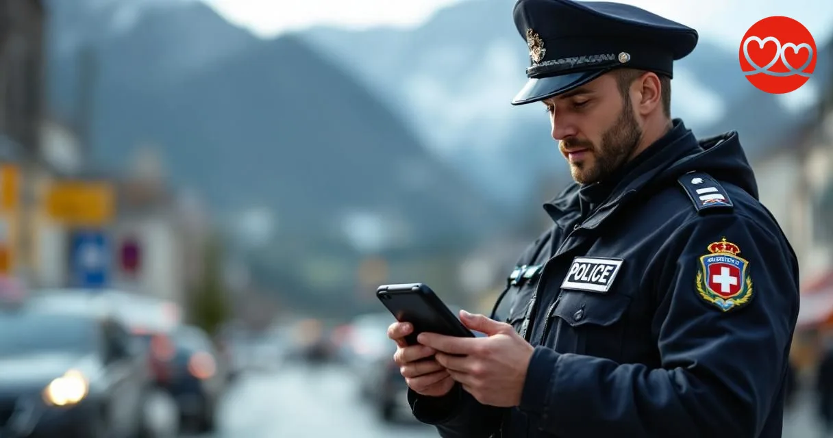 Schweizer Polizist im Dienst mit Pager vor Alpenkulisse