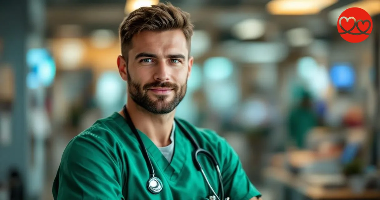 Schweizer Notfallarzt in grüner OP-Kleidung vor modernem Spital