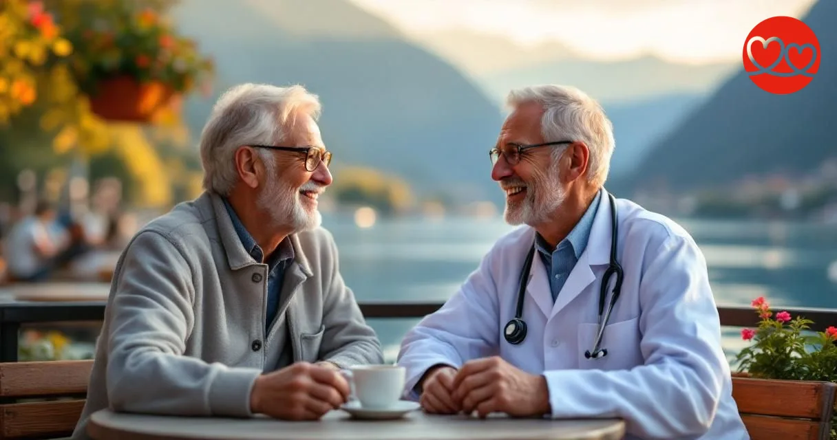 Älteres Schweizer Ärzte-Paar am Seeufer bei goldenem Sonnenlicht