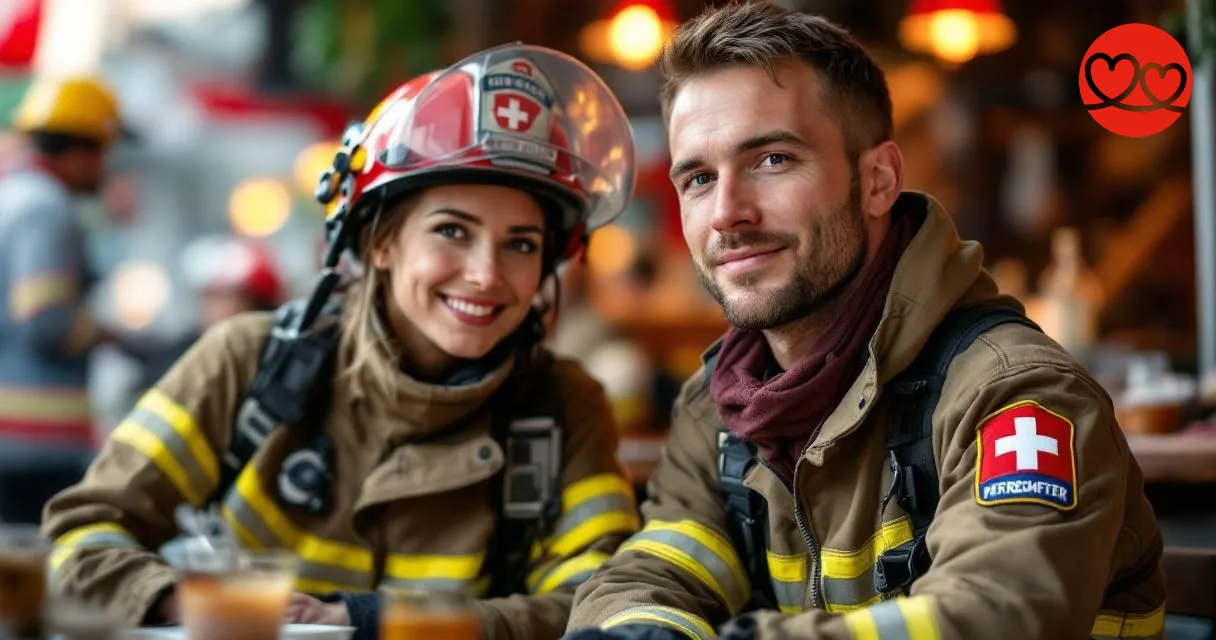 Feuerwehrfrau und Feuerwehrmann authentisch beim Feuerwehrfest in der Schweiz