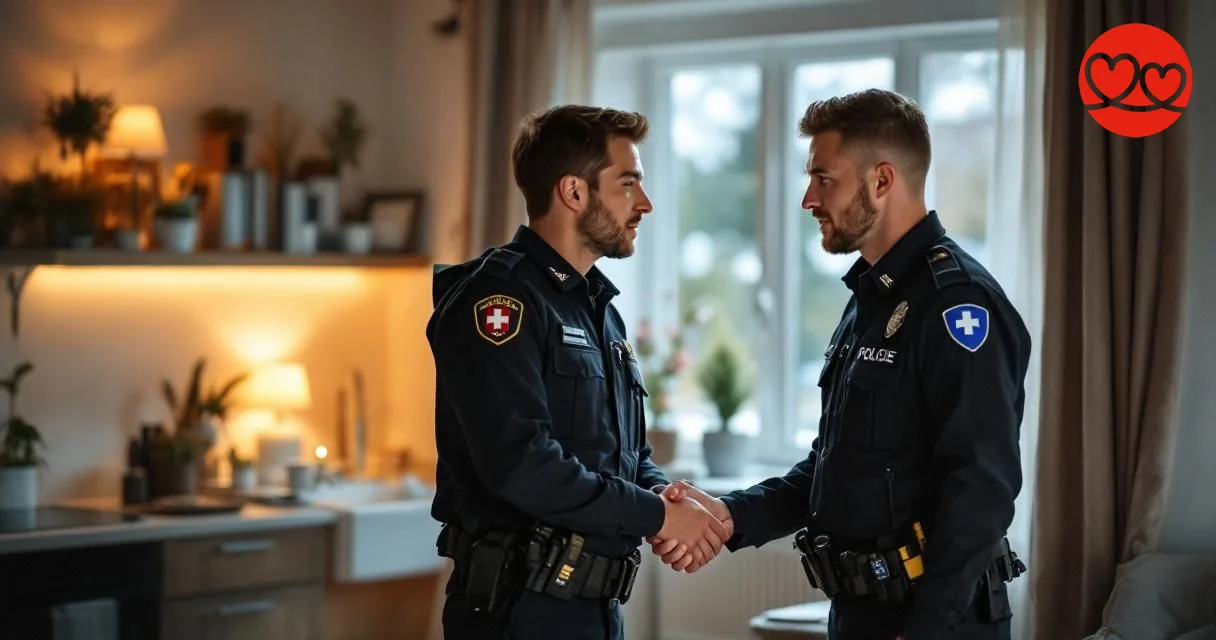 Polizeipaar beim ernsthaften Gespräch zu Hause - Blaulichtsingles