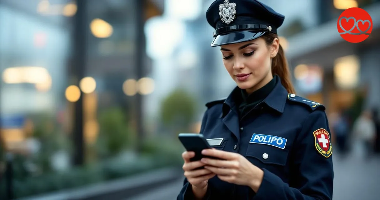 Selbstbewusste Polizistin der Kapo beim Check der Dating-App