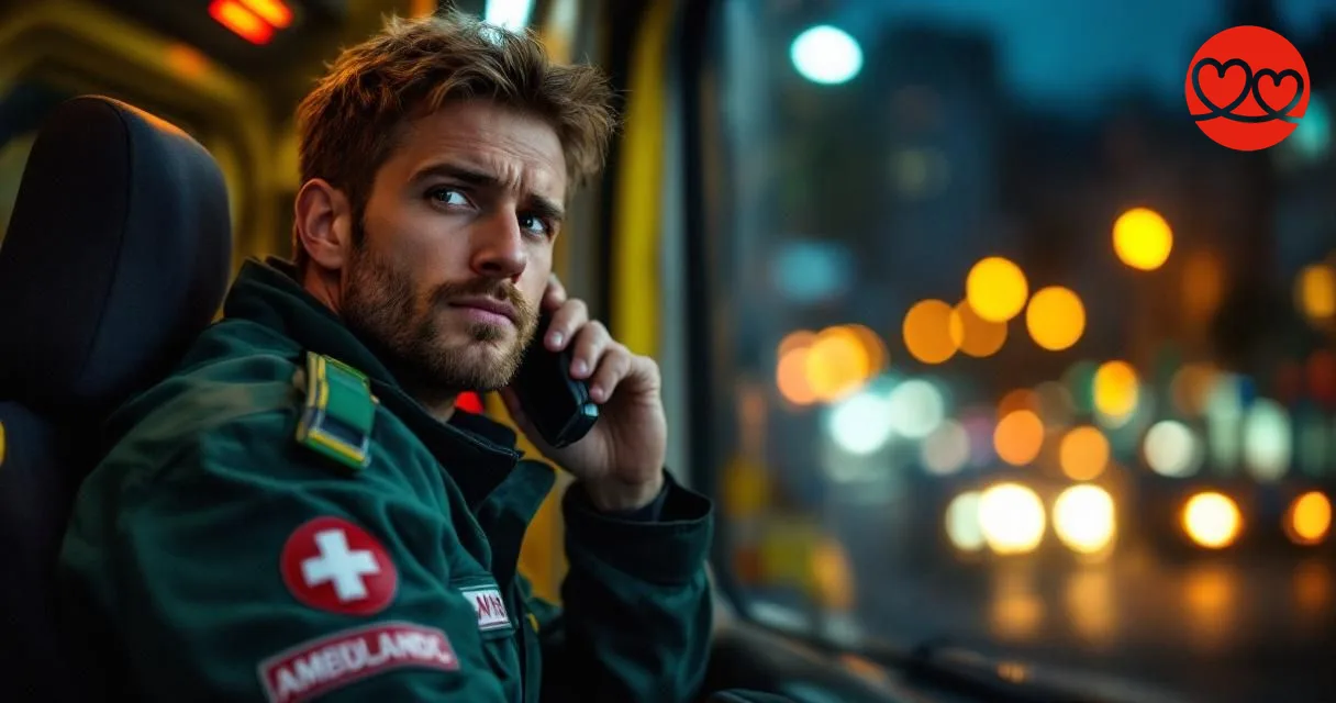 Rettungssanitäterin im Nachtdienst beim Check des Smartphones